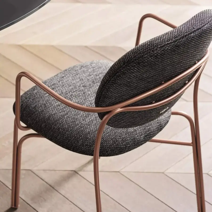Distinguished Bontempi Dada chair with a metal frame in brushed rose-gold and dark charcoal textured textile upholstery