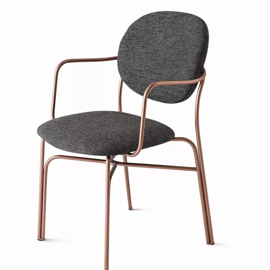 Elegant Bontempi Dada chair with a dark gray subtly textured textile and rose-gold metal frame