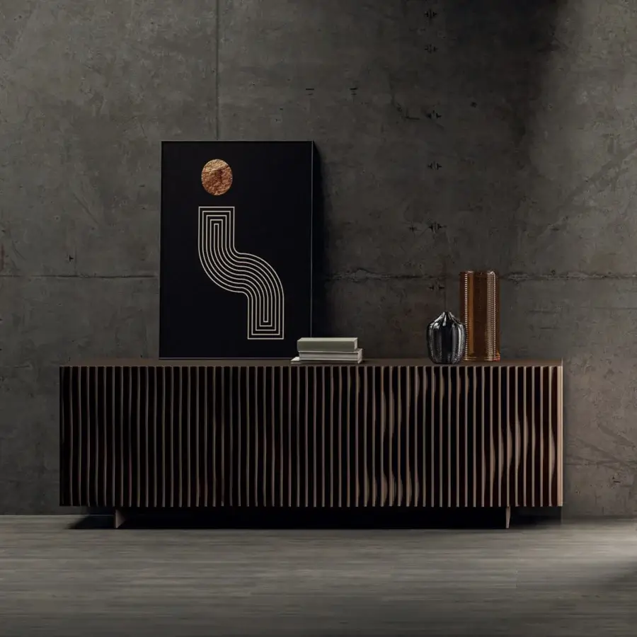 Exceptional Ozzio Italia Onda sideboard crafted in medium brown lacquered wood with a satin finish and subtle wood grain