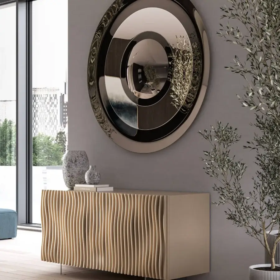 Distinguished Ozzio Italia Onda sideboard in warm beige lacquered wood with a subtle textured, undulating facade and slender metallic base