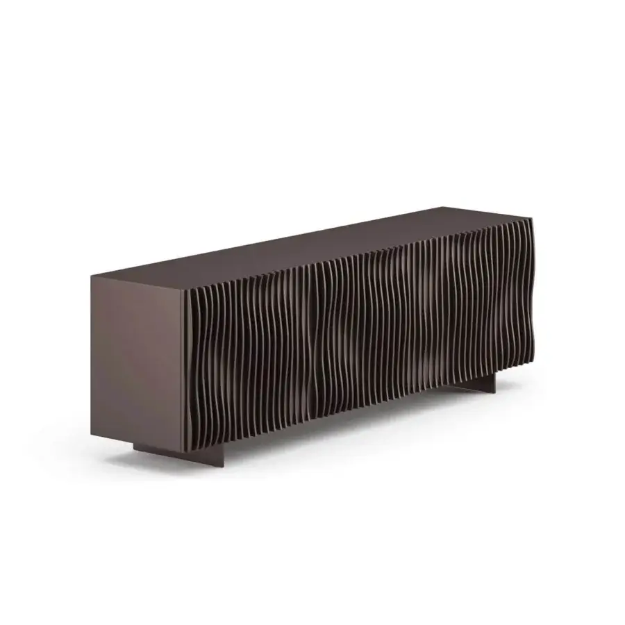 Innovative Ozzio Italia Onda sideboard crafted in dark brown lacquered wood with undulating geometric lines and a matte finish