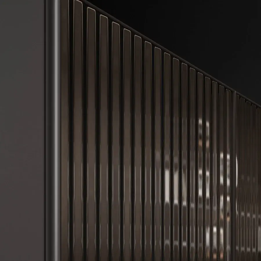 Distinguished Ozzio Italia Alfetta sideboard crafted in dark brown wood with ribbed glass doors and bronze aluminum finish