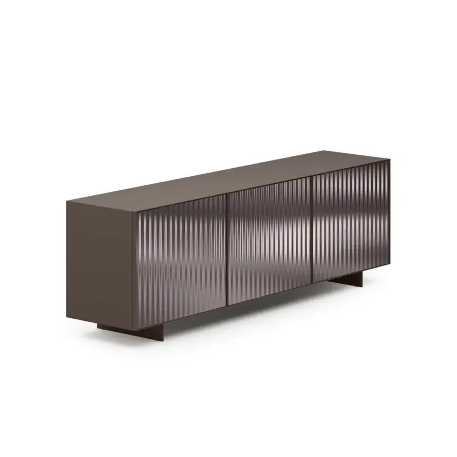 Elegant Ozzio Italia Alfetta sideboard with ribbed glass doors and refined aluminum frame in a muted brown-grey tone with a sleek matte finish