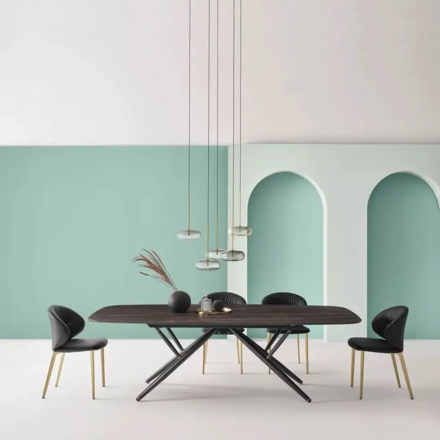 Superior Bontempi Drop chair with dark charcoal textile and golden satin-finish conic metal frame