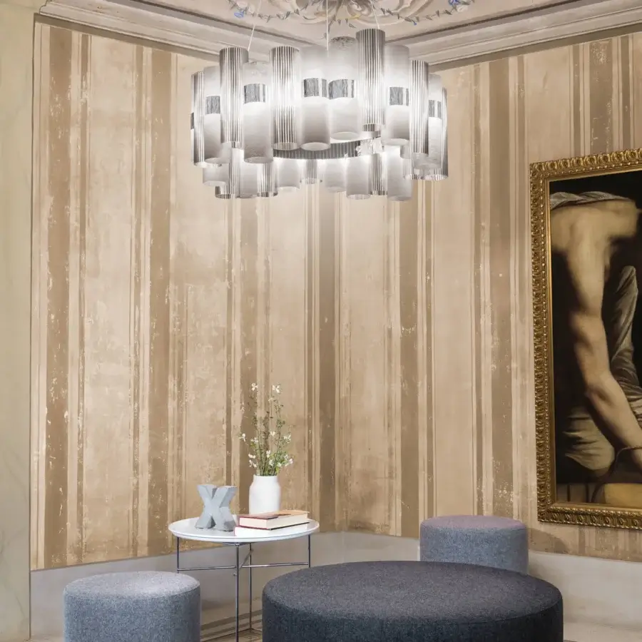Exceptional Slamp La Lollo suspension lamp with clustered technopolymer cylinders and cold foil Opalflex finish in neutral white