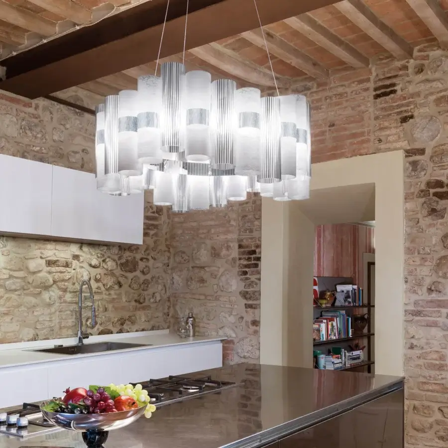 Elegant Slamp La Lollo suspension lamp with clustered technopolymer cylinders in pale neutral gray Lentiflex® material crafted in Italy