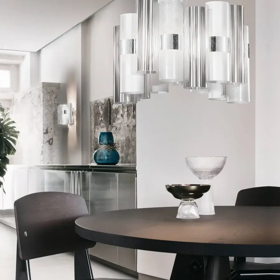 Superior Slamp La Lollo suspension lamp with clustered technopolymer cylinders crafted in light gray-white and silver with Opalflex® finish