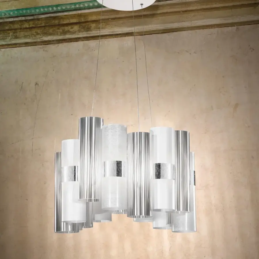 Distinguished Slamp La Lollo suspension lamp with cascading technopolymer cylinders in reflective silver and subtle translucency