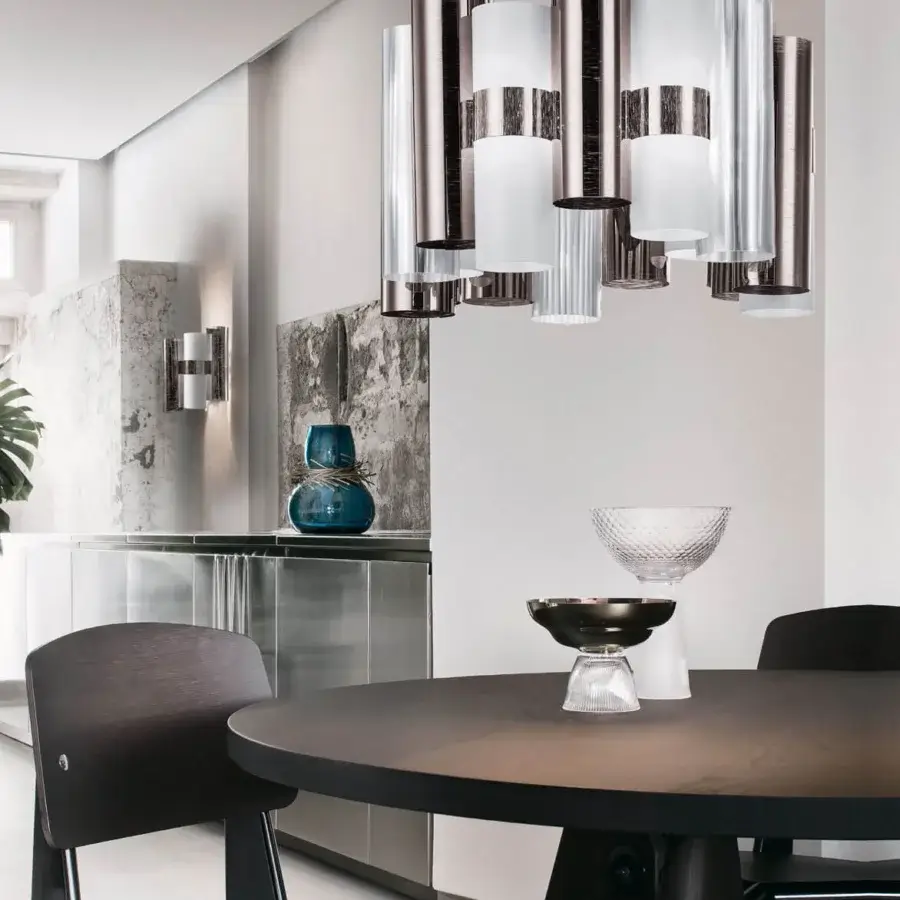 Captivating Slamp La Lollo suspension lamp with clustered technopolymer cylinders in bright white translucent and silver-grey metallic accents crafted with Lentiflex® and Opalflex®