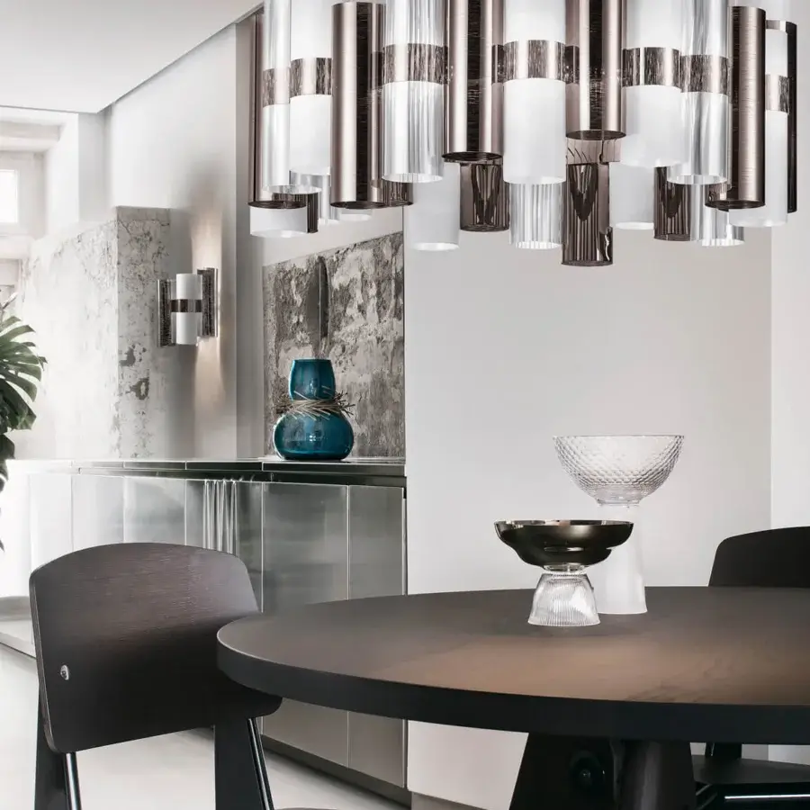 Superior Slamp La Lollo suspension lamp crafted with clustered technopolymer cylinders in white and brushed silver finish