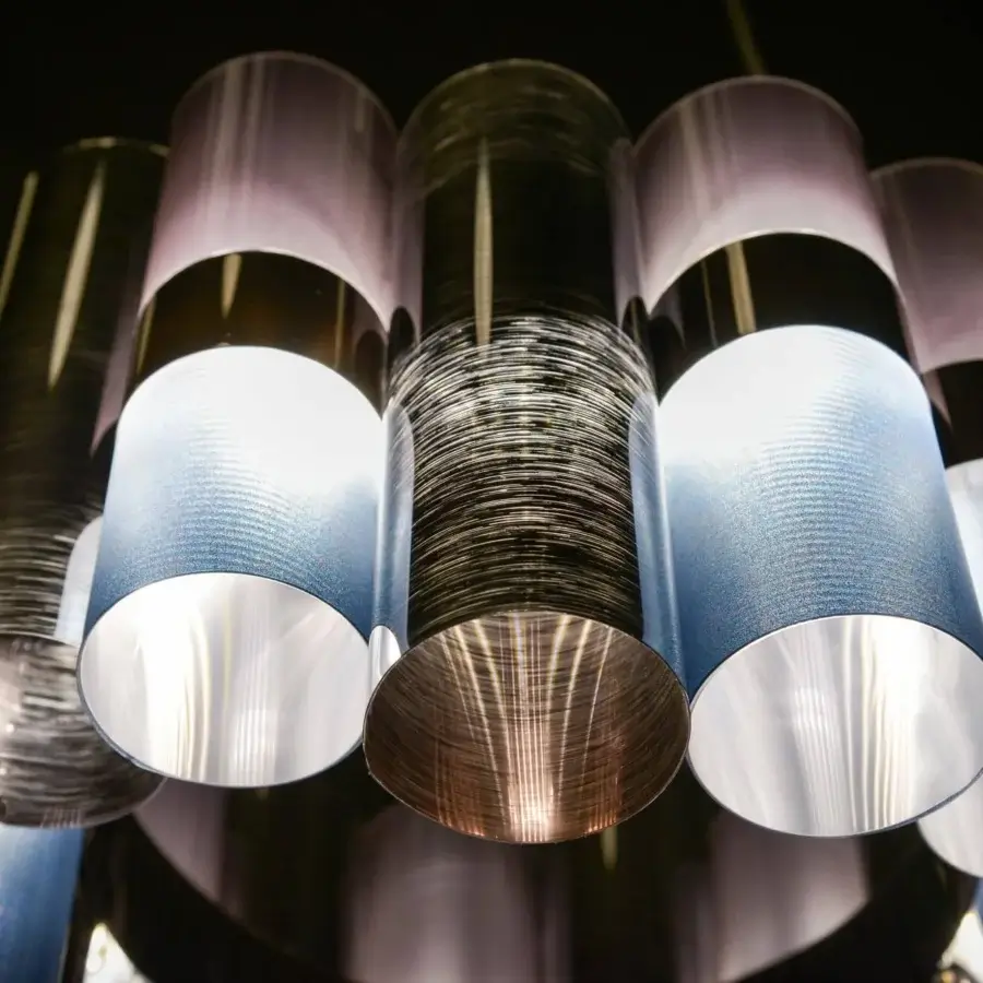 Exclusive Slamp La Lollo suspension lamp built with Lentiflex® cylinders exhibiting an Opalflex® gradient finish