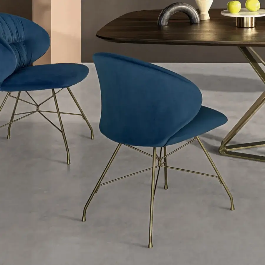 Architectural Bontempi Drop chair in deep blue velvet textile with satin gold-finish metal spider base