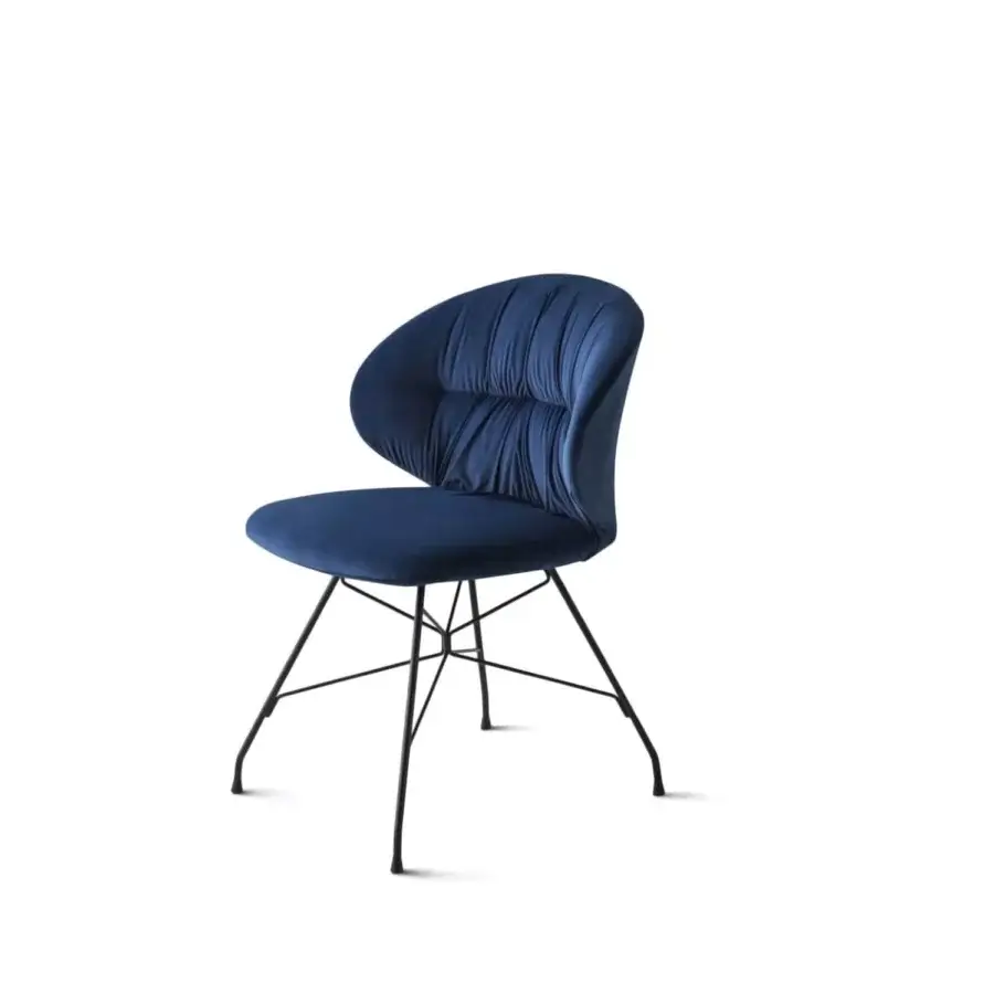 Distinctive Bontempi Drop chair in textured dark blue textile with angled dark metal spider base construction