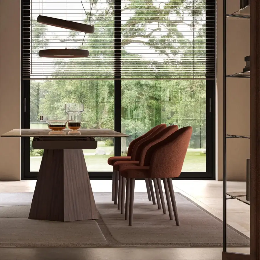 Sophisticated Ozzio Italia Zico armchair with a light wooden structure and comfortably padded seat in a medium-brown satin finish