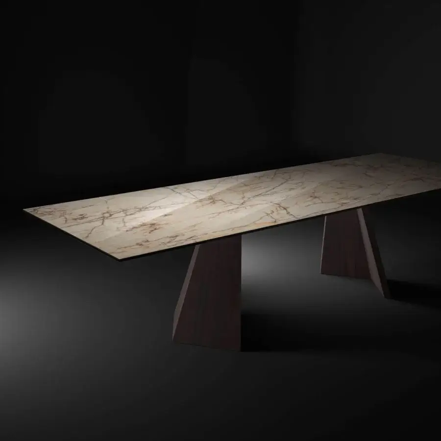 Distinguished Ozzio Italia Axel table with cream, beige, and golden-brown veined ceramic top and reddish-brown satin wood bases