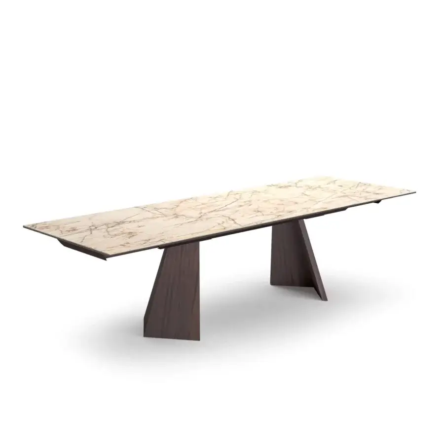 Exceptional Ozzio Italia Axel table with creamy off-white and golden beige ceramic top and medium-brown satin-finish wooden base