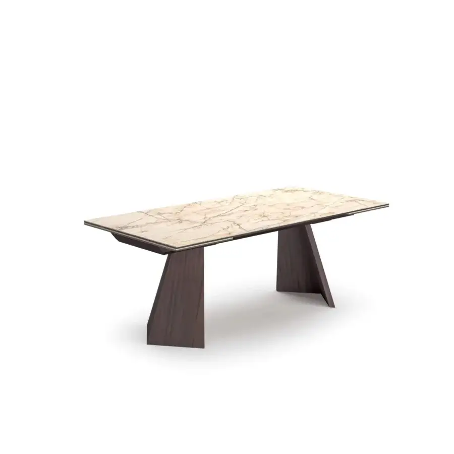Luxury Ozzio Italia Axel table with light beige and cream ceramic top and dark brown satin wooden base
