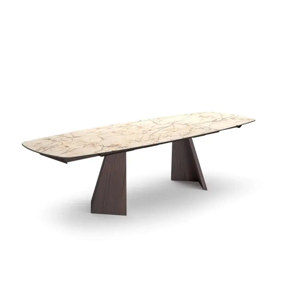 Superior Ozzio Italia Axel table with beige and cream veined ceramic top and dark satin-finish wooden base