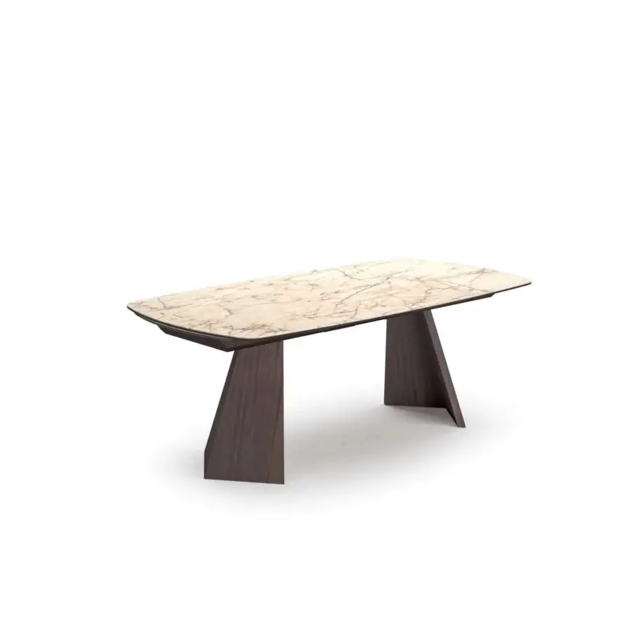 Distinguished Ozzio Italia Axel table with a ceramic top displaying continuous beige and brown vein, built with a satin dark brown wooden base