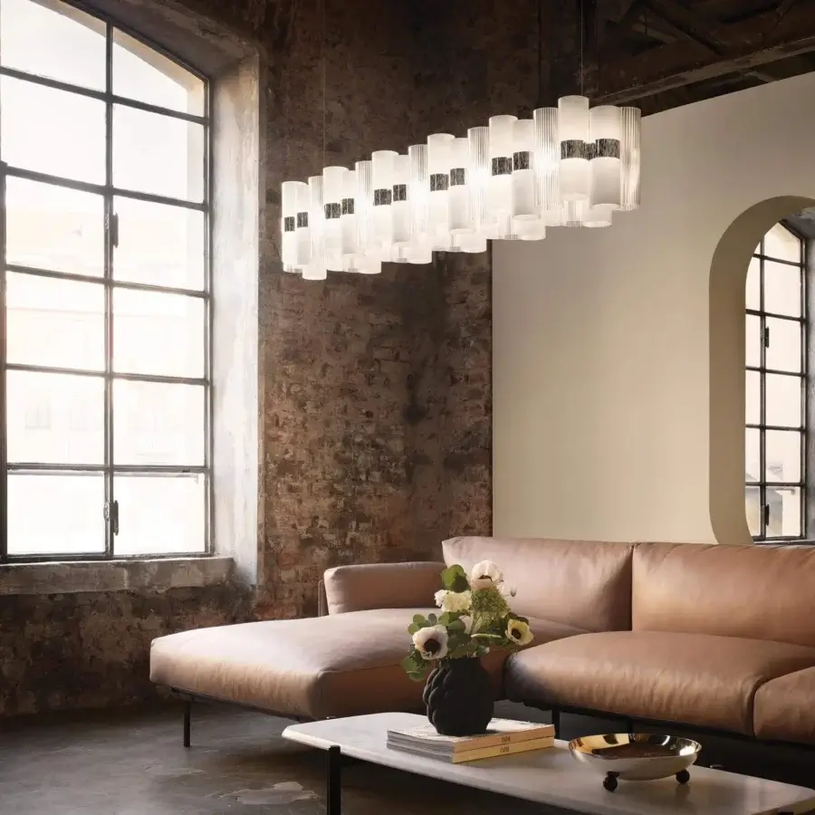 Elegant Slamp La Lollo Linear suspension lamp built in Lentiflex® with a cold foil Opalflex® finish delivering diffused illumination