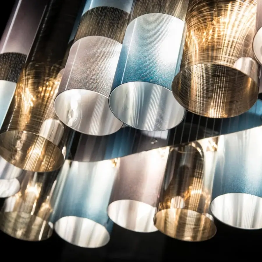 Superior Slamp La Lollo Linear suspension lamp built in technopolymer with Lentiflex® and glossy silver, gold, blue, gray finish