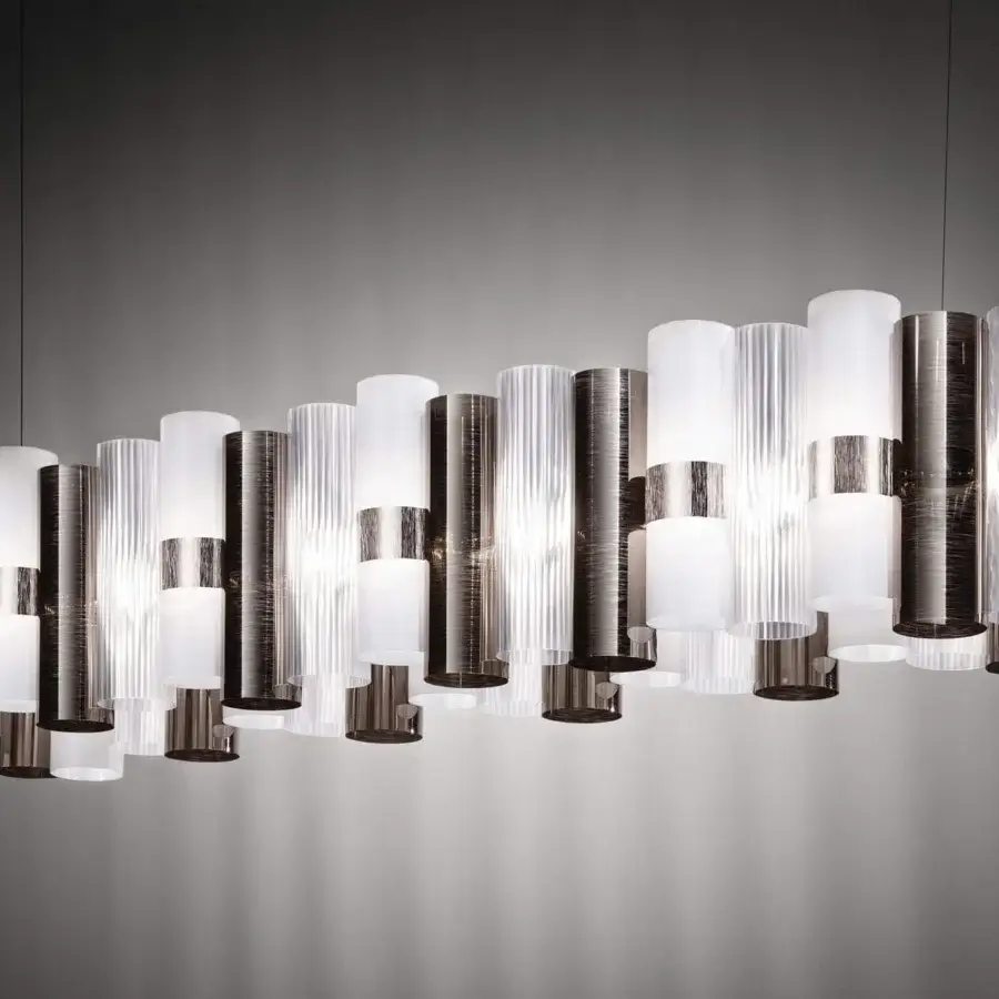 Elegant Slamp La Lollo Linear suspension lamp in technopolymer with Lentiflex® and cold foil Opalflex® finish