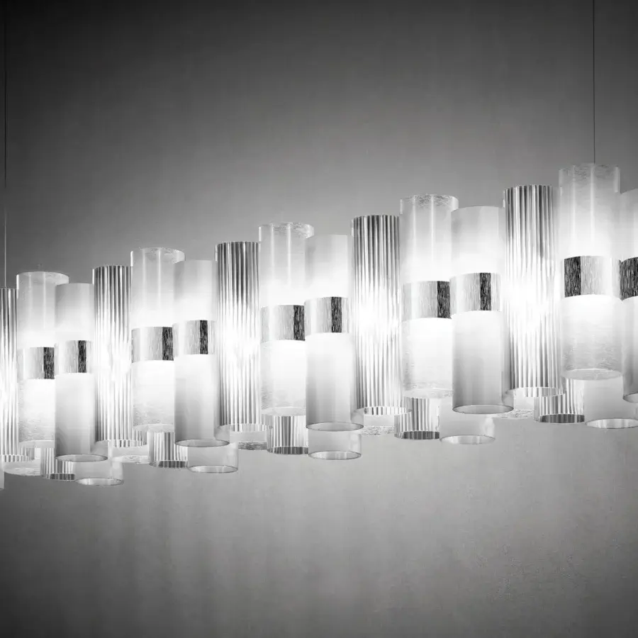 Superior Slamp La Lollo Linear suspension lamp in white Lentiflex® with reflective Opalflex® finish