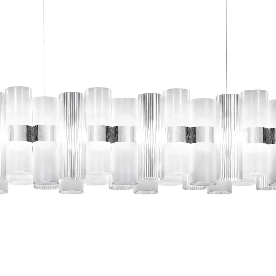 Distinguished Slamp La Lollo Linear suspension lamp in white Lentiflex® with polished silver-toned bands and Opalflex® finish