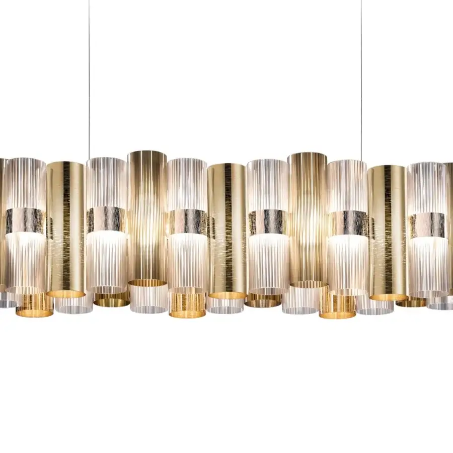 Exceptional Slamp La Lollo Linear suspension lamp crafted in warm gold technopolymer with Lentiflex® and Opalflex® finish