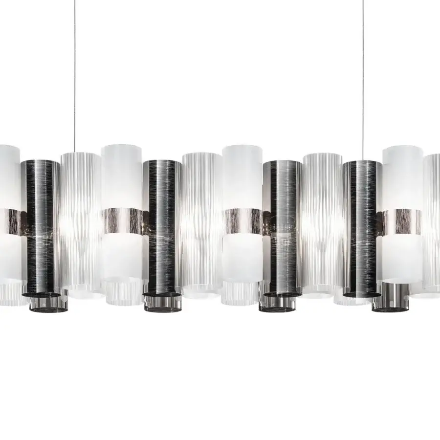 Elegant Slamp La Lollo Linear suspension lamp in white Lentiflex® with brushed metallic bands crafted in Italy