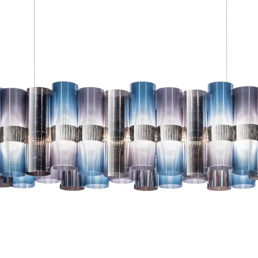 Superior Slamp La Lollo Linear suspension lamp crafted in Lentiflex® with a gradient blue-purple to clear finish