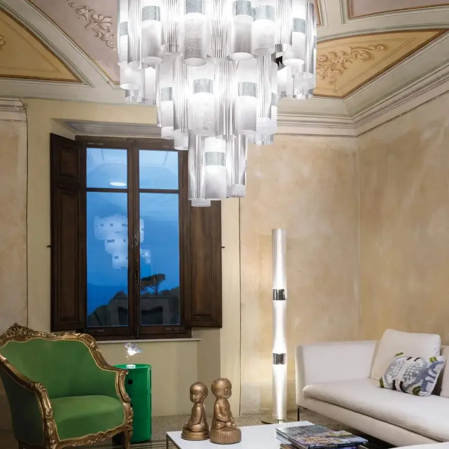 Innovative Slamp La Lollo XL suspension lamp crafted in white Lentiflex® with textured vertical ridges