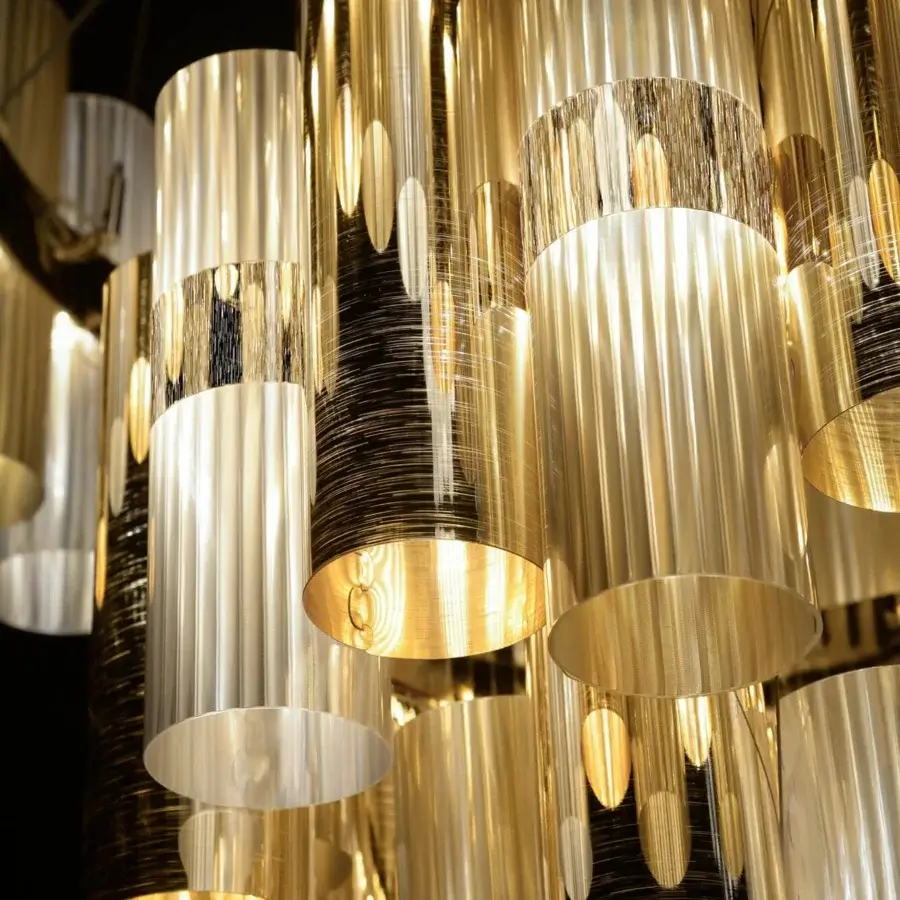 Exceptional Slamp La Lollo XL suspension lamp with clustered Lentiflex® cylinders and glossy gold tone accents
