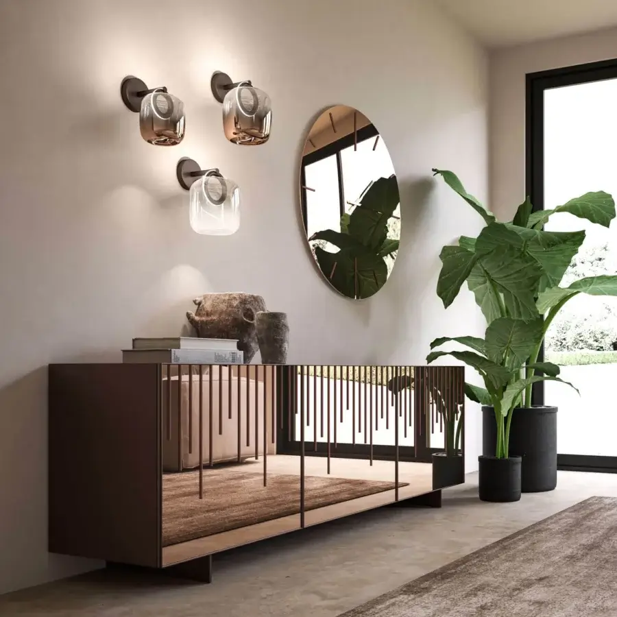 Distinguished Ozzio Italia Botticelle wall lamp with a warm brass metal structure and delicate glass lampshades