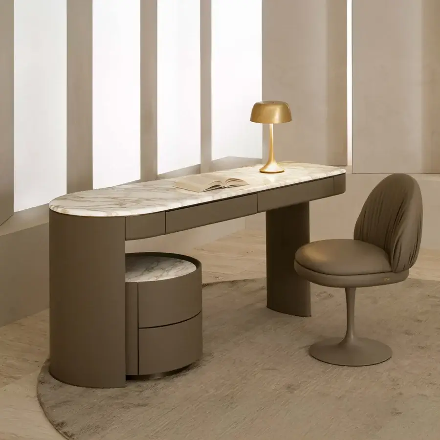 Refined Rugiano Emily desk crafted in muted olive-green leather with a marble top and bronzed brass details