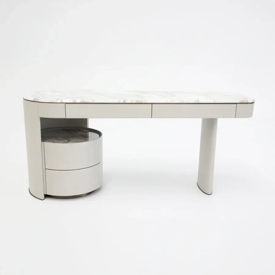 Exceptional Rugiano Emily desk built in light leather with a marble top and bronzed brass details with a matte finish