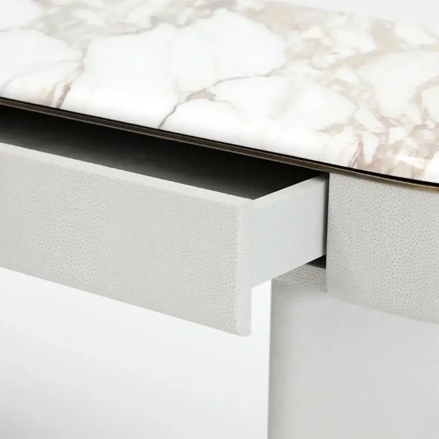 Distinguished Rugiano Emily desk built with sculpted leather and refined marble, showcasing a textured matte finish
