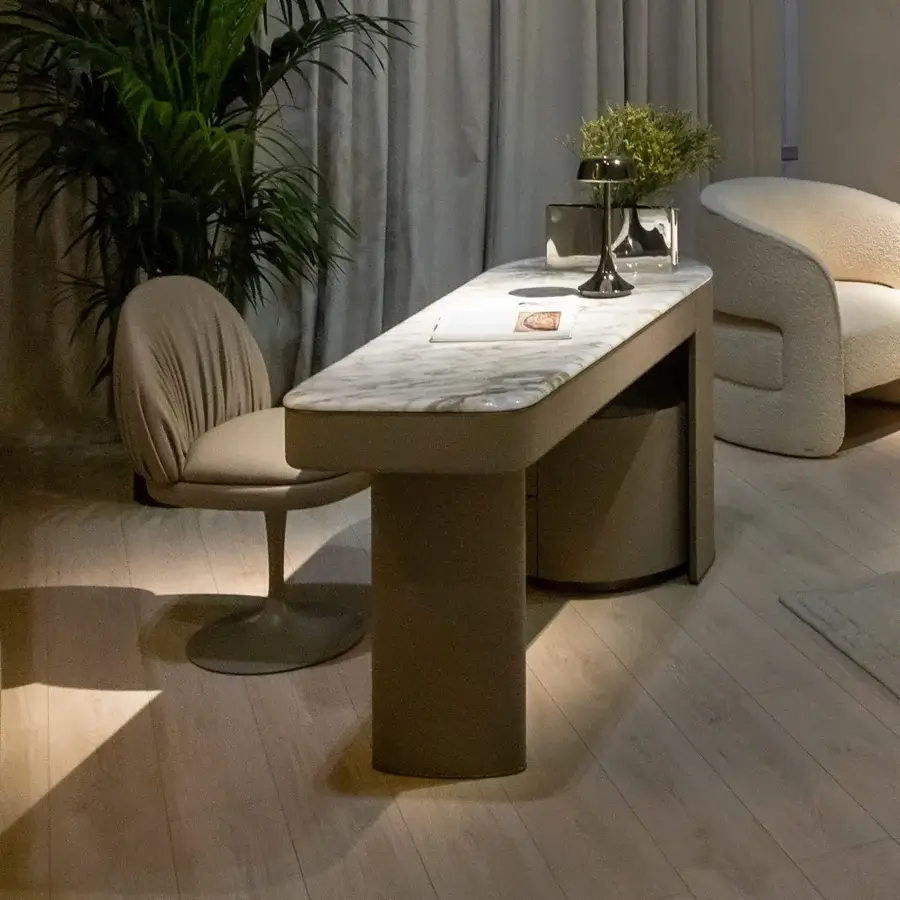 Exceptional Rugiano Emily desk crafted with sculpted leather and a refined marble top, accented with bronzed brass details
