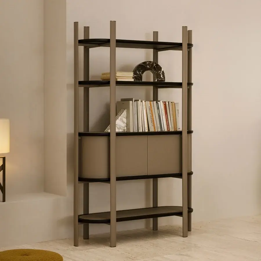 Elegant Rugiano Coquette bookcase with dark ash wood and premium leather, built with a satin-finish metal frame