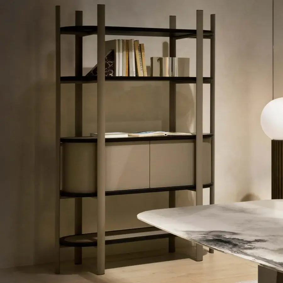 Architectural Rugiano Coquette bookcase with dark ash wood and luxuriously clad curved cabinet in premium leather, finished with a matte tone