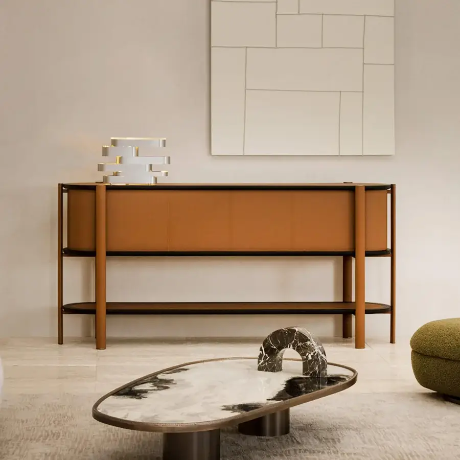 Exceptional Rugiano Coquette sideboard with reddish-brown leather wrapping and dark ash wood shelving