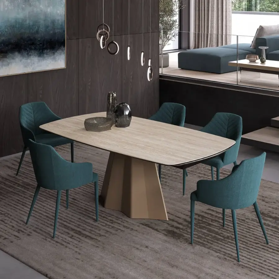 Superior Ozzio Italia Cupido table with a light ceramic top and darker metal base in a smooth matte finish
