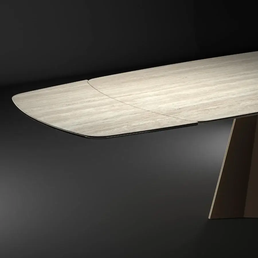 Distinguished Ozzio Italia Cupido table with light woodgrain ceramic and golden brass-like metal base crafted with soft-closing functionality