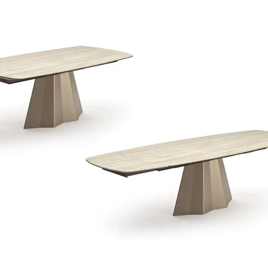 Elegant Ozzio Italia Cupido table with continuous veining ceramic top and solid metal base crafted in neutral beige tone