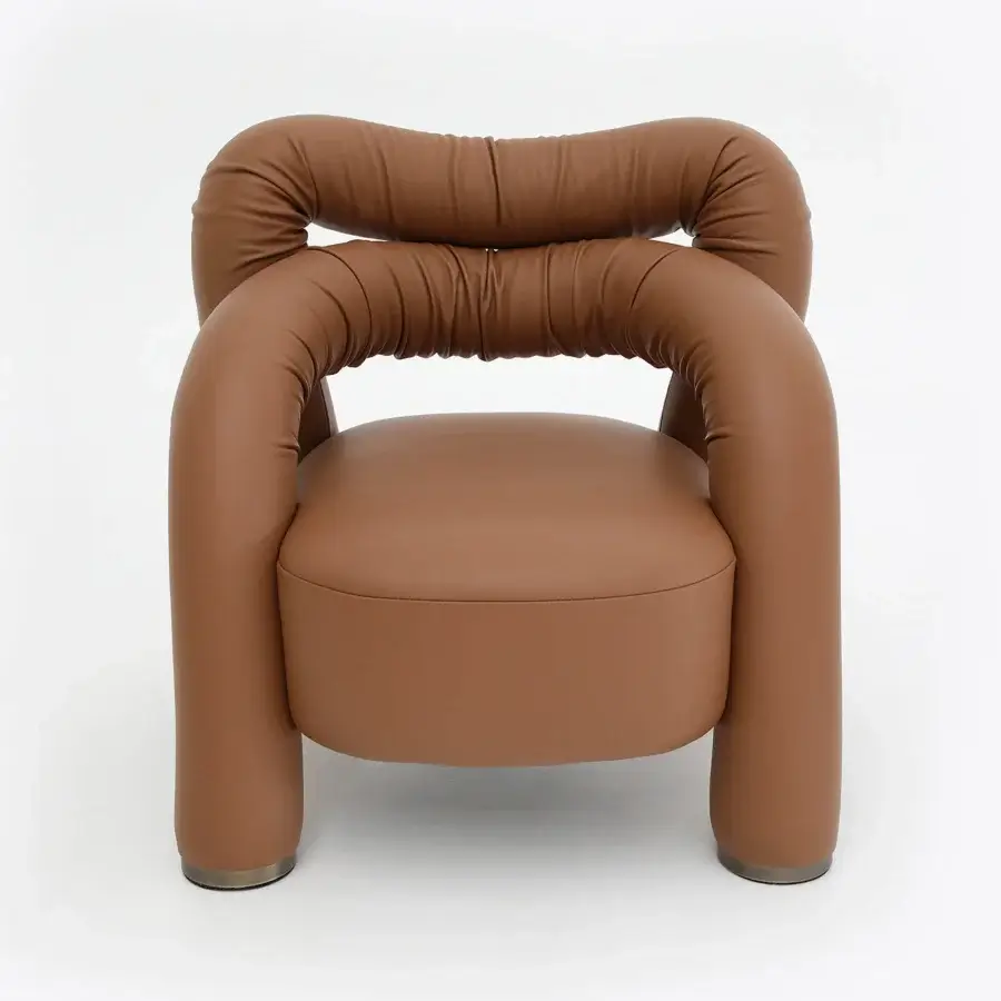 Exceptional Rugiano Abbraccio lounge chair with enveloping form in warm medium brown fabric and bronzed brass details