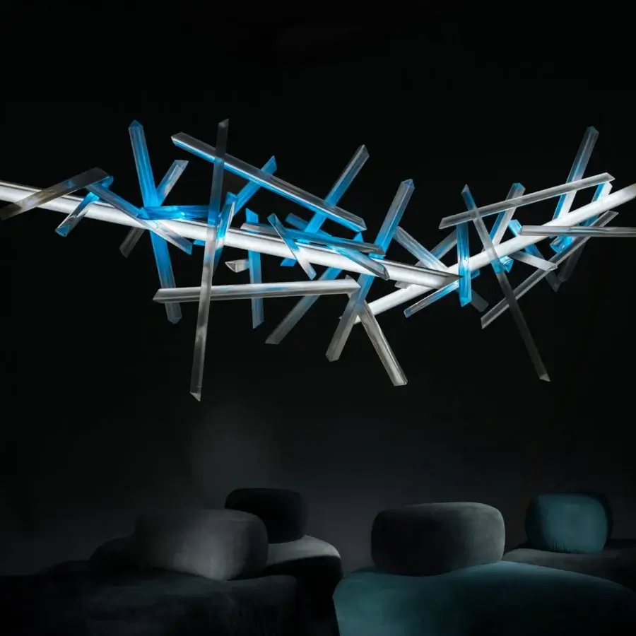 Distinguished Slamp La Traviata suspension lamp crafted in vibrant blue Lentiflex® and methacrylate with clear silver accents