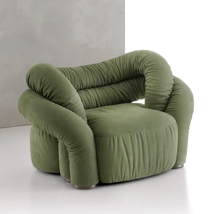 Exceptional Rugiano Abbraccio lounge chair fully upholstered in textured olive green fabric with bronzed brass details