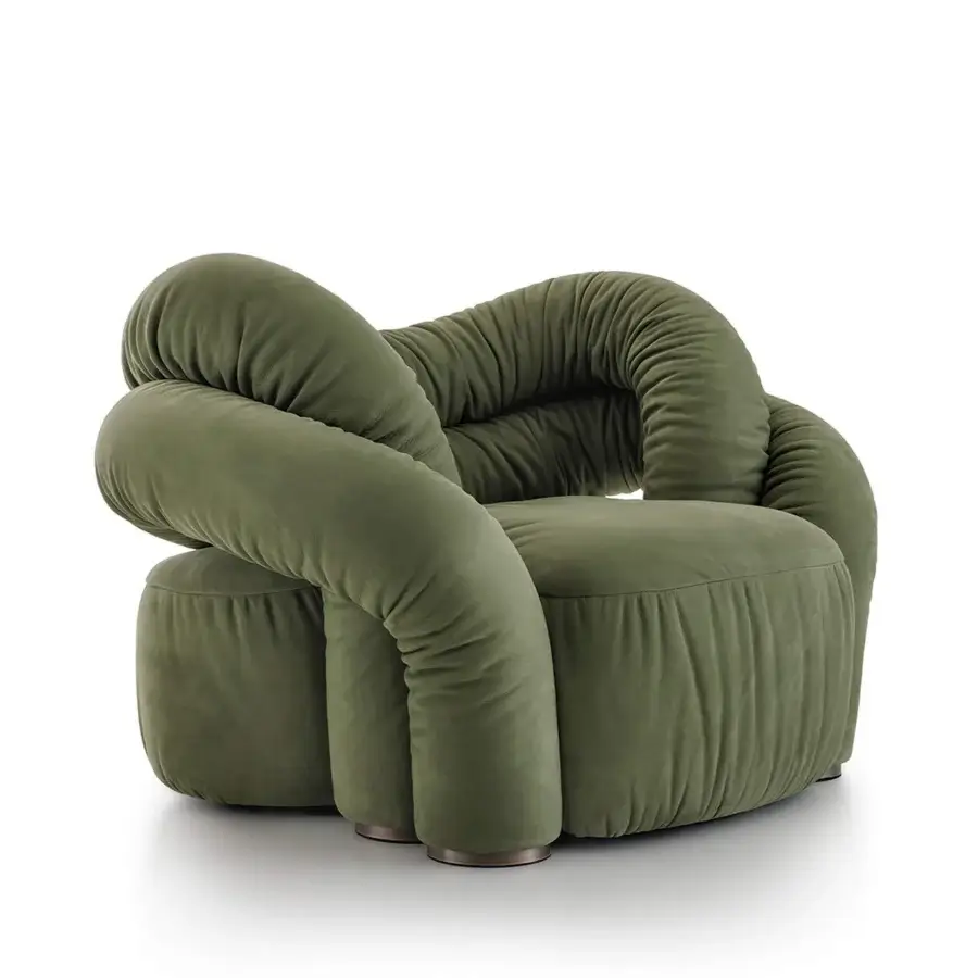 Superior Rugiano Abbraccio lounge chair upholstered in matte olive green fabric with bronzed brass details