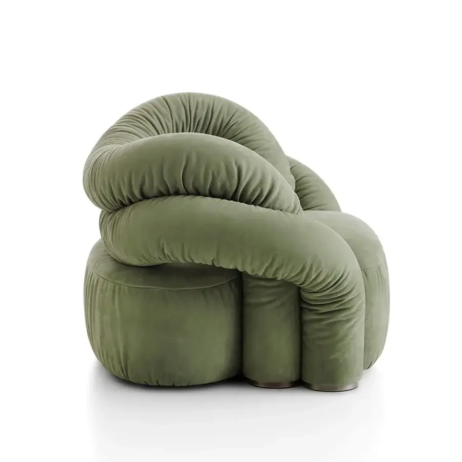 Lavish Rugiano Abbraccio lounge chair crafted in matte olive green fabric with bronzed brass details