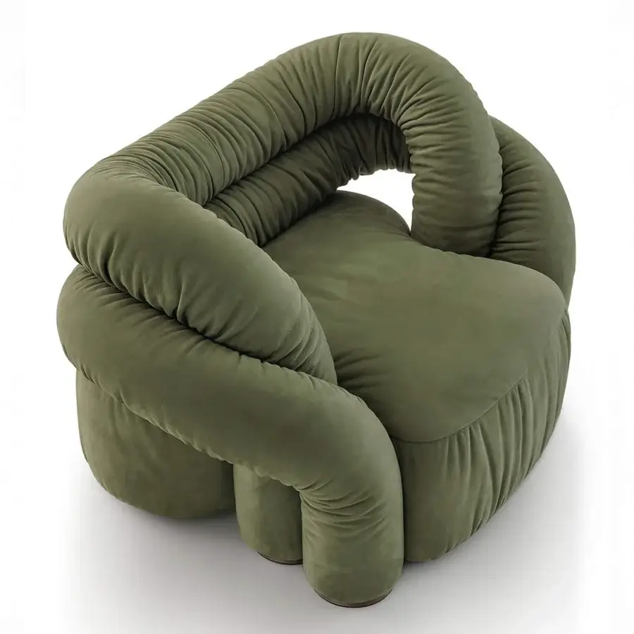 Distinguished Rugiano Abbraccio lounge chair sculpted from premium fabric in muted olive green with bronzed brass details